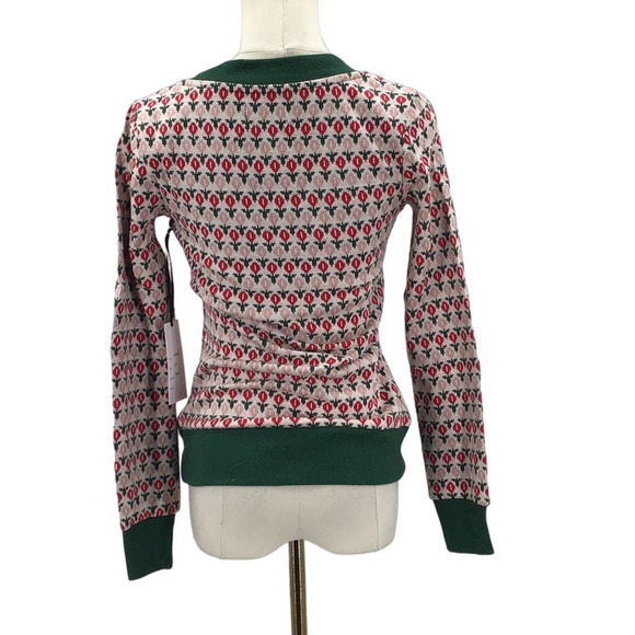 UNIQUE VINTAGE XS white green tulip floral fair Isle 1970 Retro Sweater NWT B51 - Picture 3 of 7